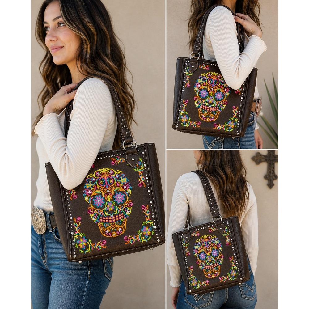 Montana West Sugar Skull Embroidered Tote Bag Brown Faux Leather Studded Western